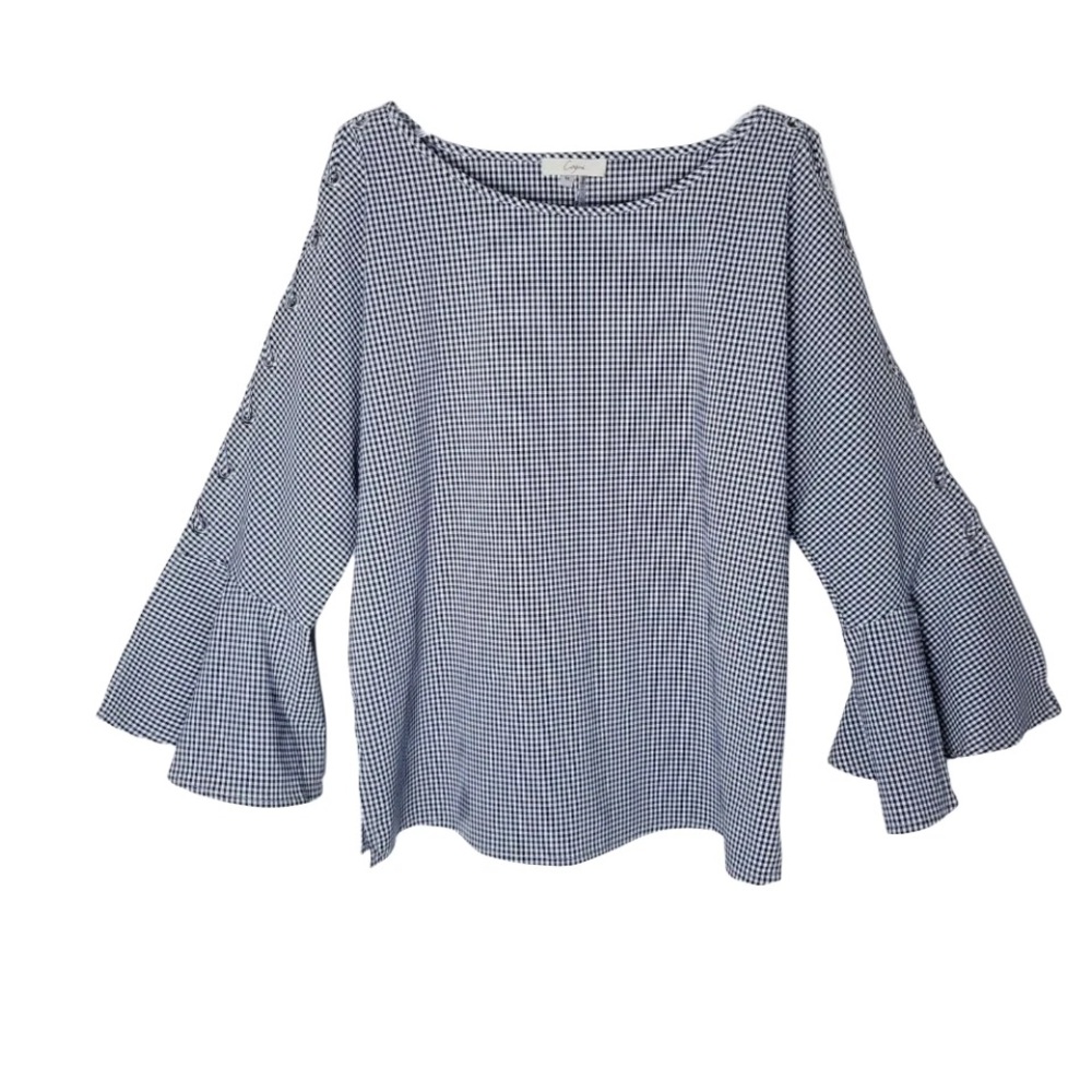 CAPRI Blue and Gray Cotton blend Blouse with Ruffled Laced Bell Sleeves Size M